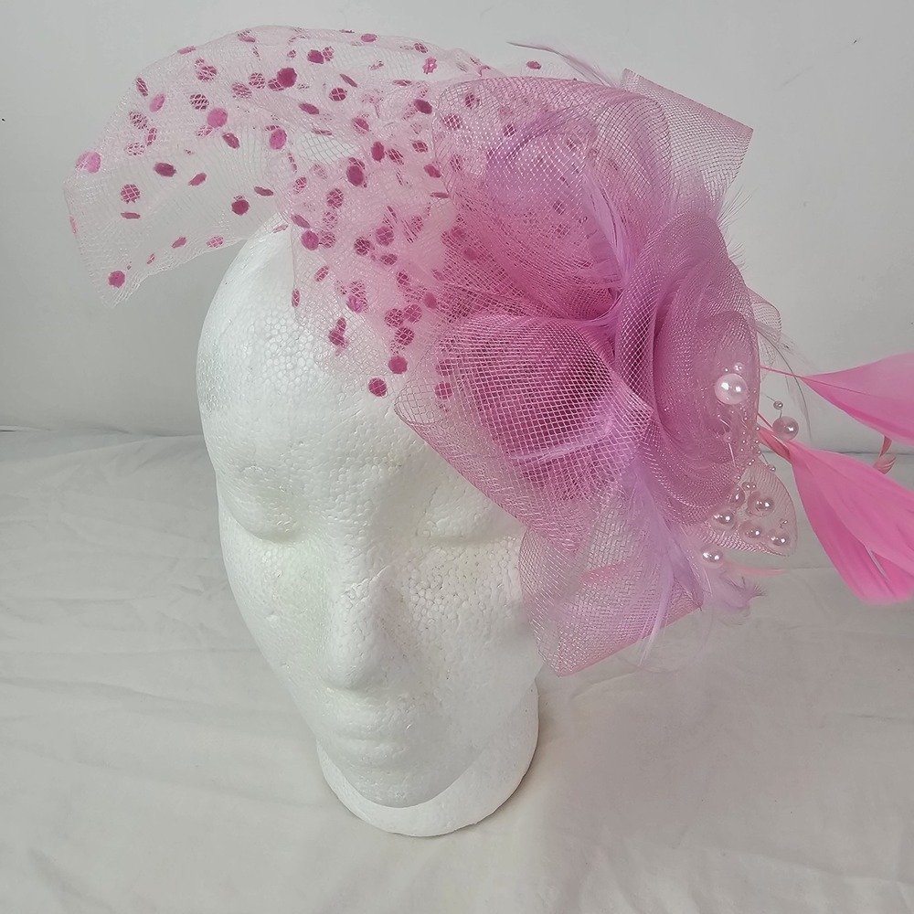 Pink Feather Fascinator Pearls Kentucky Derby Church Easter Wedding Hat Veil